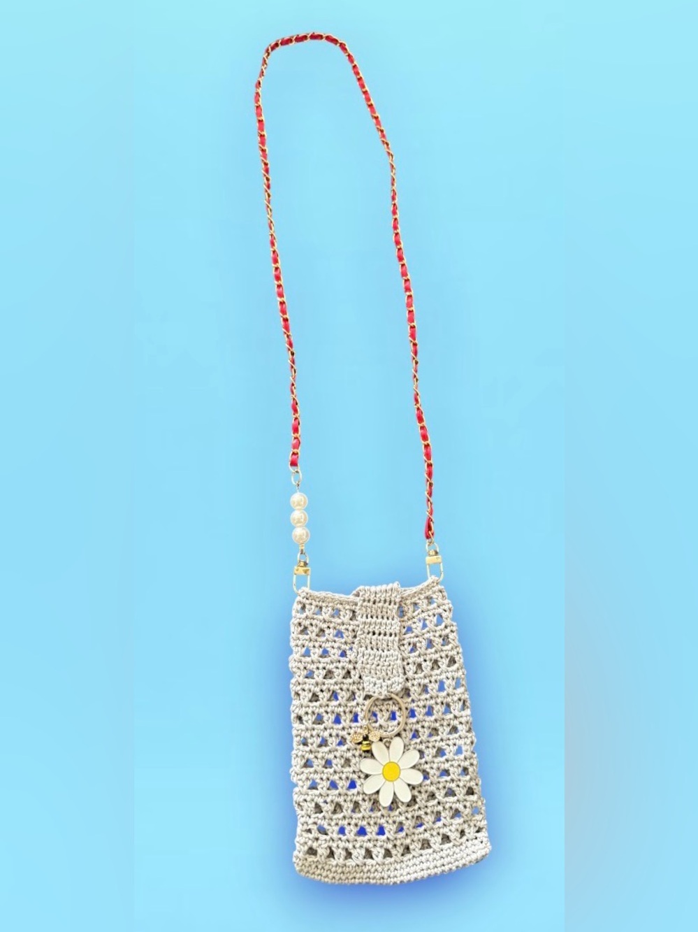 Handcrafted Cream Crochet Crossbody Bag with Decorative Strap Grey Color